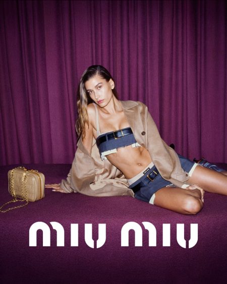 Hailey Bieber, Lee Yoo-Mi Pose for Miu Miu Spring 2022 Campaign Hailey Bieber Miu Miu 2022 Spring Campaign Crop Top Miniskirt