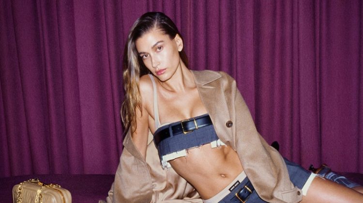 Hailey Bieber Miu Miu 2022 Spring Campaign Crop Top Miniskirt