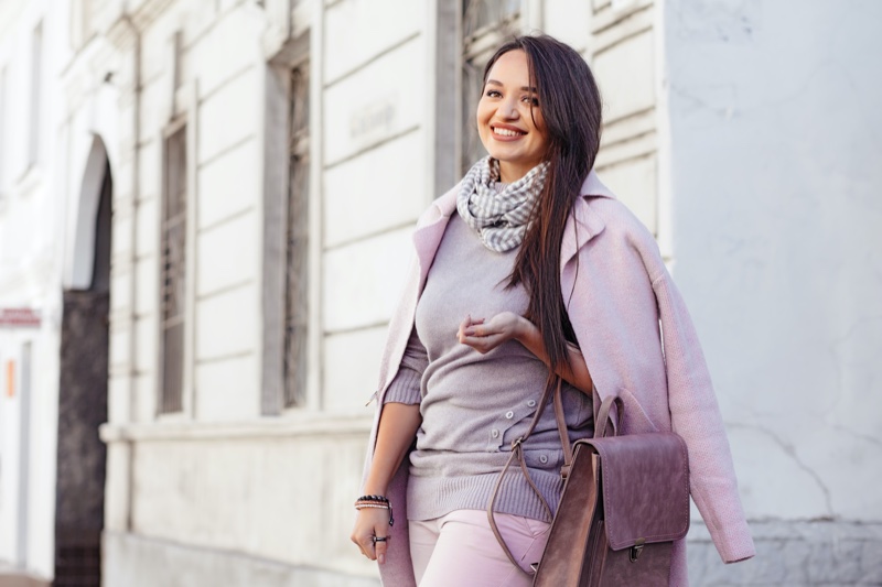 Happy Curvy Plus Size Model Pink Jacket Sweater Scarf