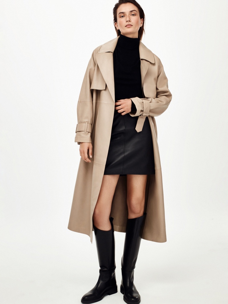 Massimo Dutti Belted Nappa Trench Coat, Long Sleeve High Neck Sweater, and Nappa Leather Mini Skirt with Knot.
