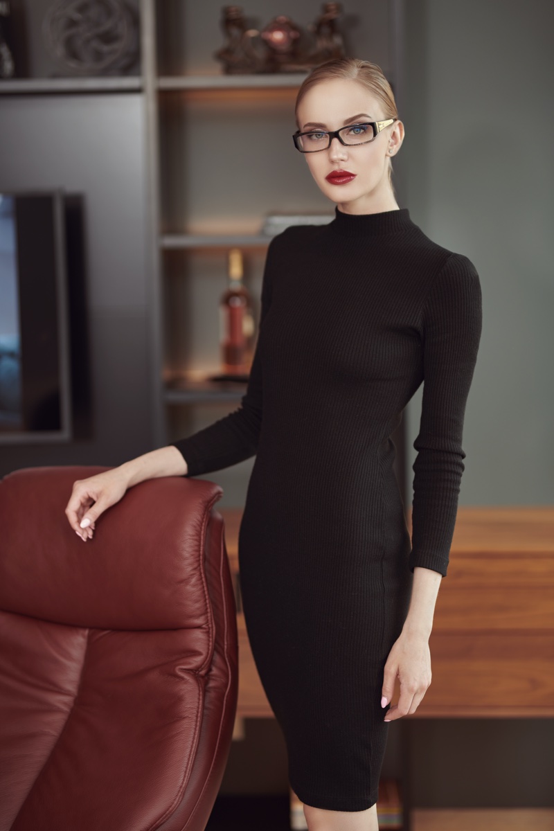 Model Black Mock Neck Dress Glasses Office