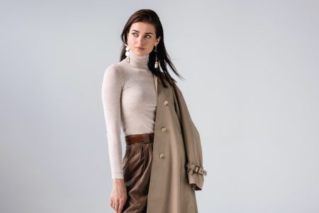 Model Draped Coat Turtleneck Sweater Neutrals