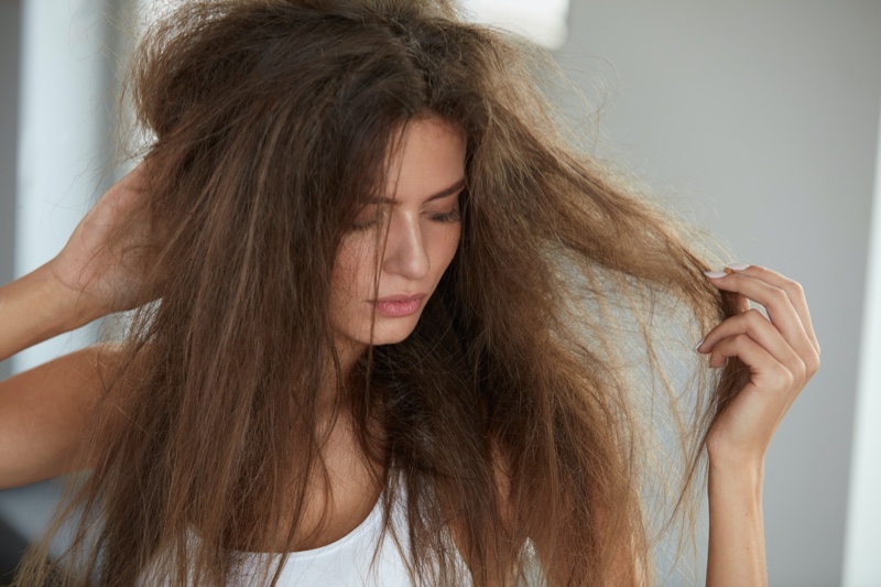 Model Holding Dry Messy Brown Hair