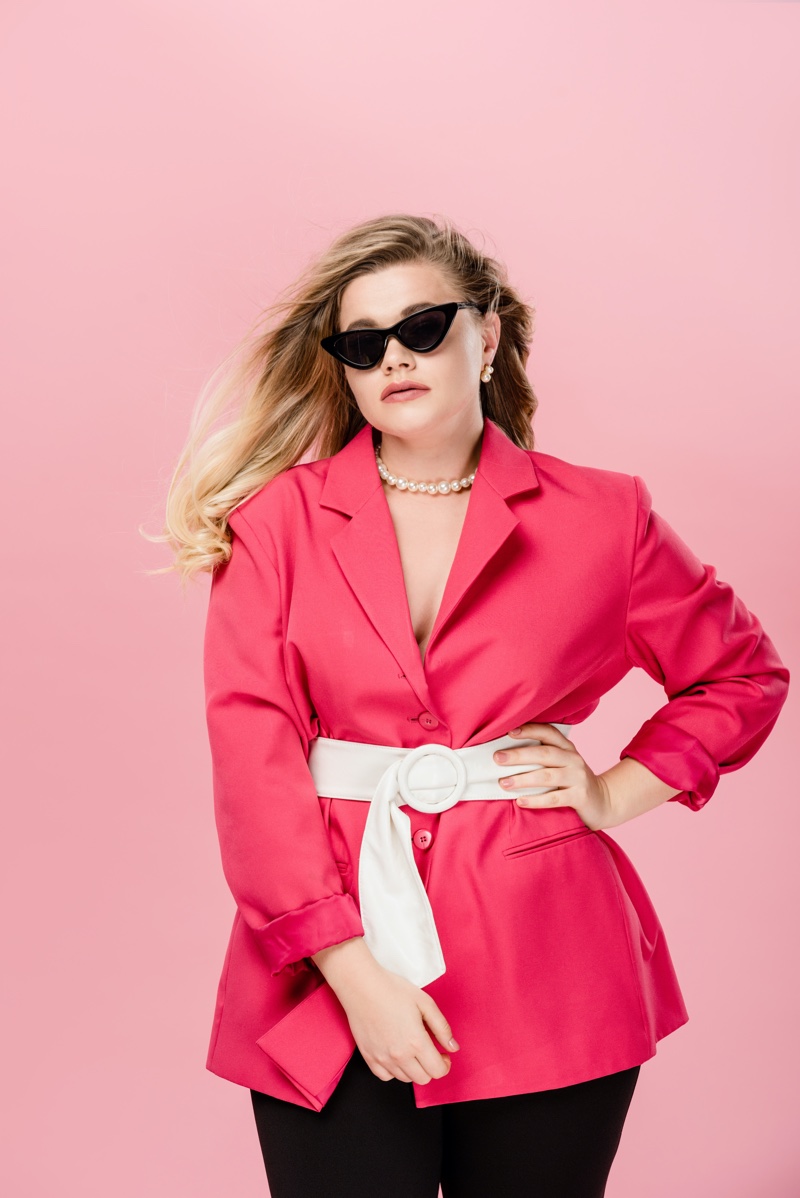 Plus Size Model Belted Pink Jacket Chic