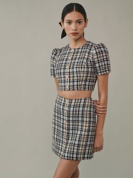 Get Dressed Up in Reformation's Two Piece Styles Reformation Nicky Two Piece in Sky Tweed $278