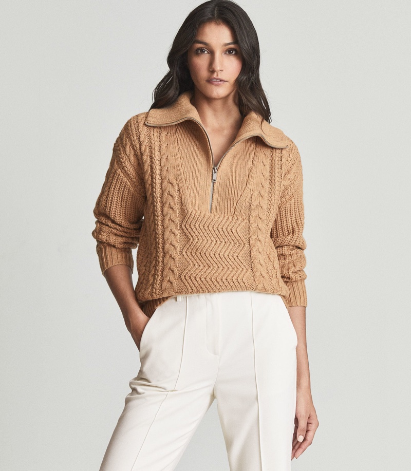 Reiss Alexis Cable Knit Zip Neck Jumper in Camel $152 (previously $320)