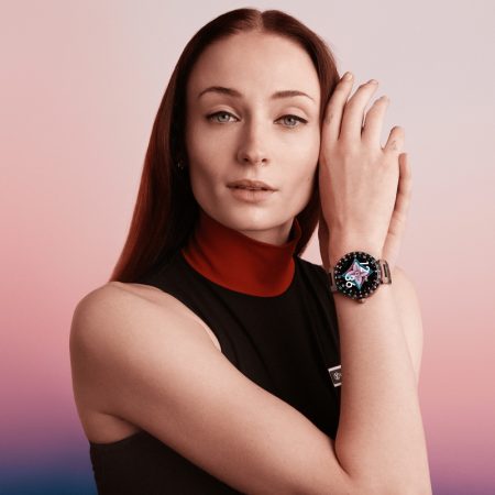 Sophie Turner Wears Louis Vuitton Tambour Horizon Light Up Watch Sophie Turner Louis Vuitton Tambour Horizon Light Up Connected Watch Campaign