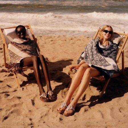 Abby & Ajok Hit the Beach for Tory Burch Resort 2022 Campaign Tory Burch Miller Cloud sandals resort 2022 campaign