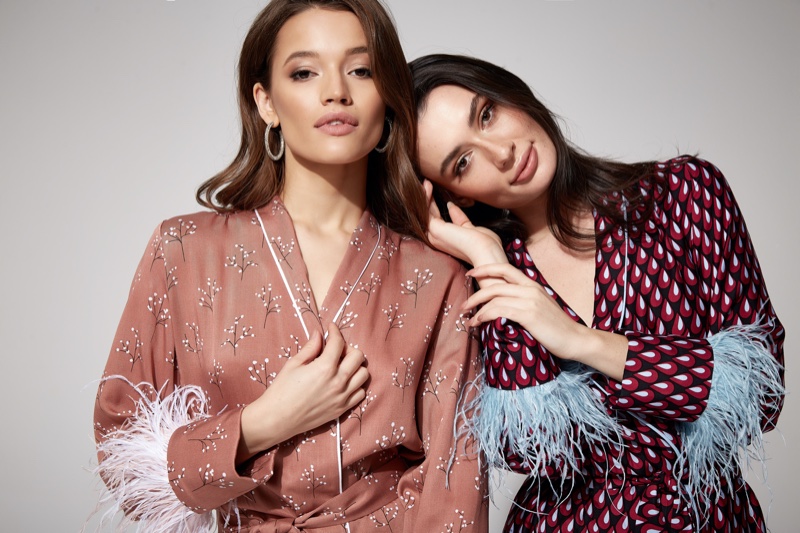 Two Models Printed Pajama Tops Feathers
