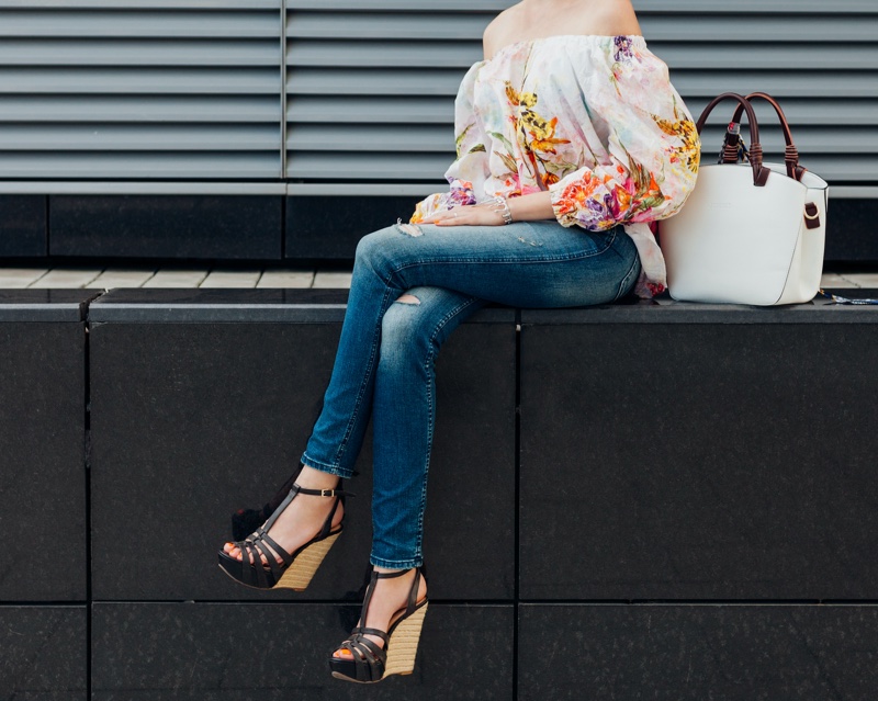 Wedge Heel Sandals Jeans Floral Print Top