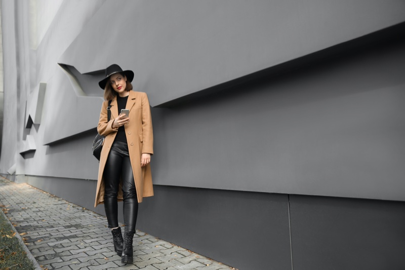 Woman Brown Coat Leather Pants Combat Boots