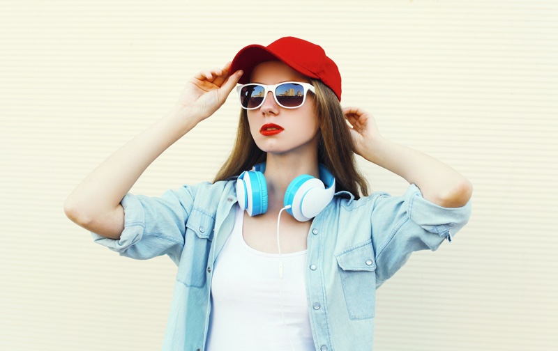 Woman Red Baseball Cap Denim Shirt Headphones Sunglasses