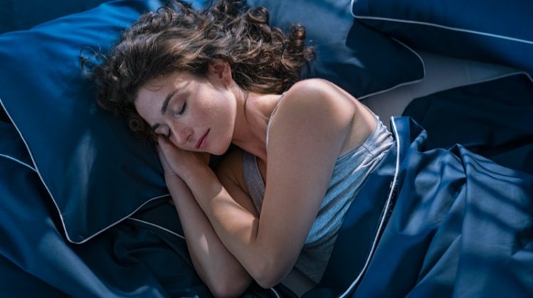 Woman Sleeping Blue Sheets Pillow