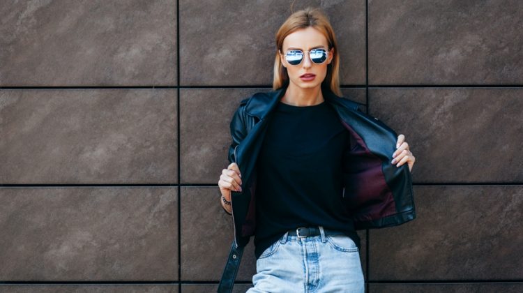 Woman Wearing Black T-shirt with Jeans and Bomber Jacket