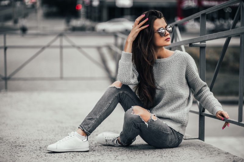 Woman Wearing Casual Style White Sneakers