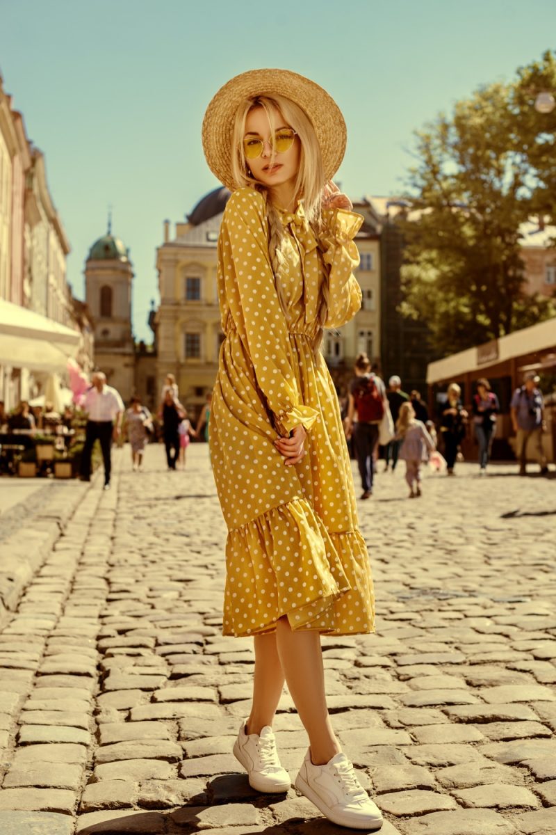 Woman Wearing Dress Hat Sunglasses White Sneakers