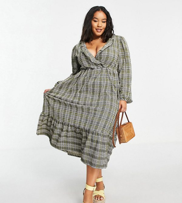 ASOS DESIGN Curve midi smock dress with frill neck and tiered hem in gray and green check print-Grey