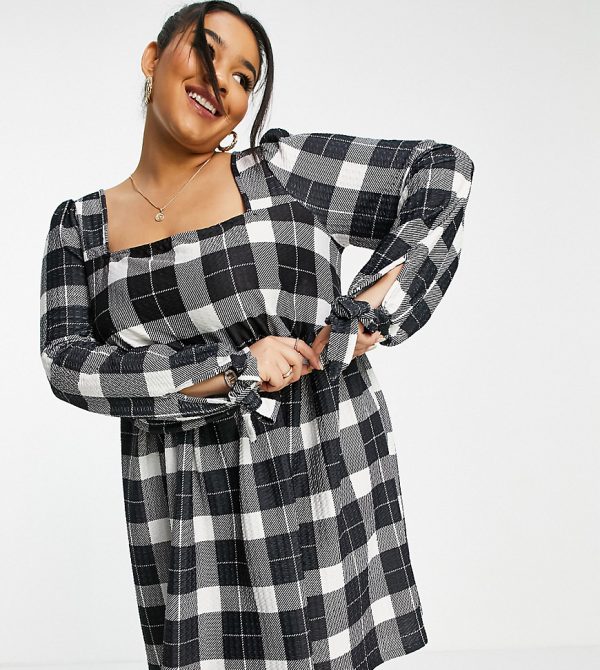 ASOS DESIGN Curve square neck mini smock dress with tie cuff detail in black and white check