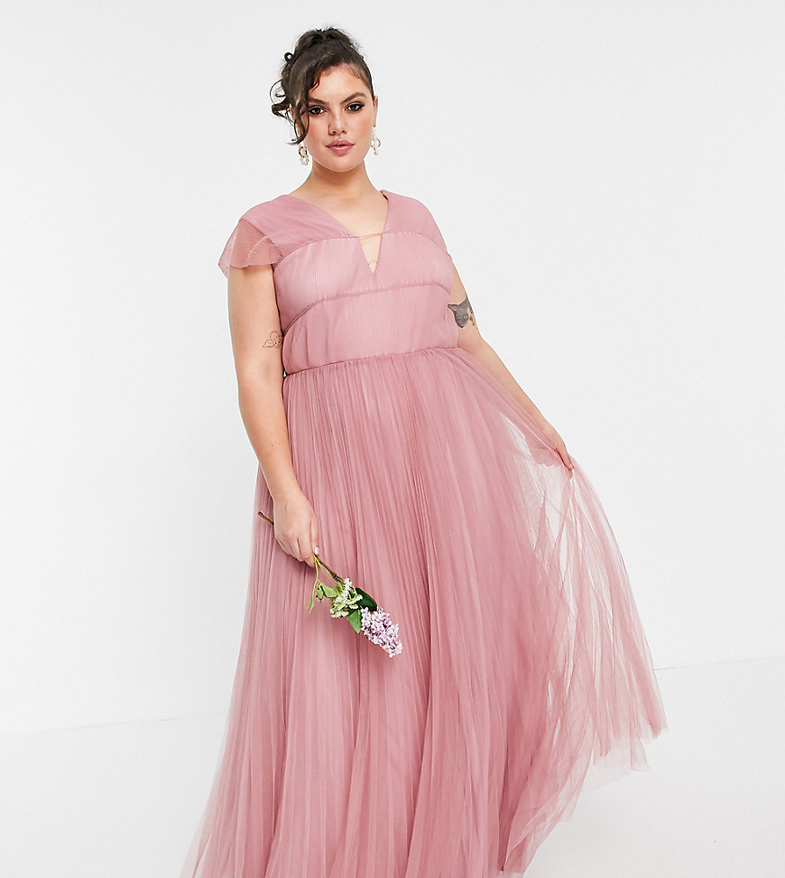 ASOS DESIGN Curve tulle plunge maxi dress with shirred sleeves in rose ...