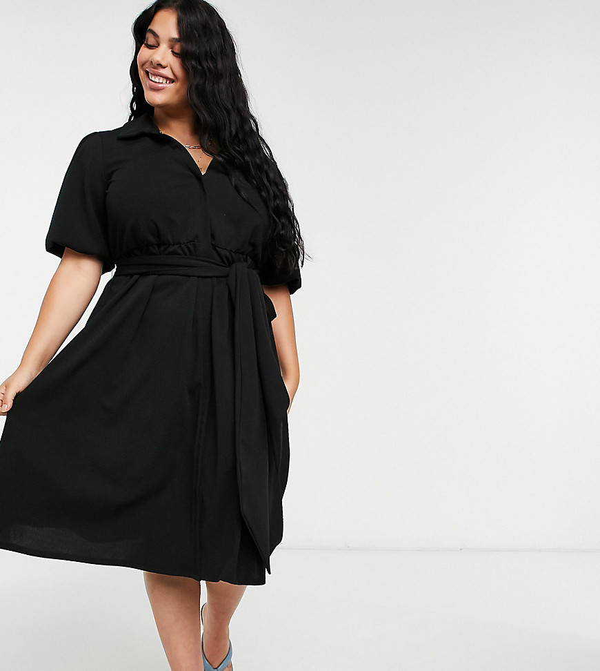 ASOS DESIGN Curve wrap shirt midi skater dress with self belt in black ...