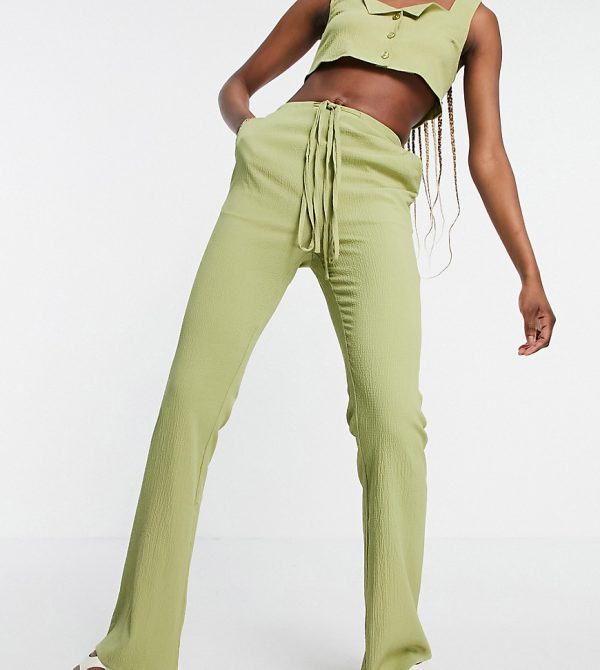 ASOS DESIGN Tall crinkle flare pant with tie waist in green - part of a set