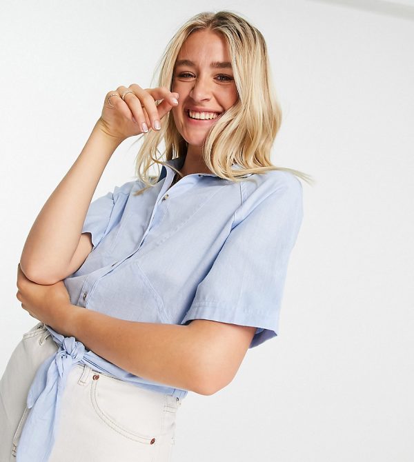 ASOS DESIGN Tall linen short sleeve shirt with tie front in blue-No color