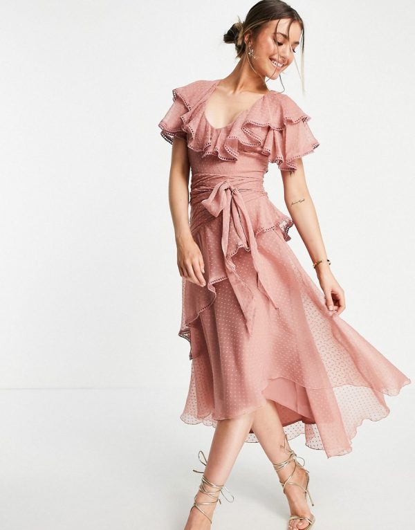 ASOS DESIGN drape detail midi dress in textured chiffon with tie detail-Pink