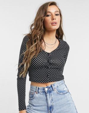 ASOS DESIGN fitted top with buttons in mono spot-Black