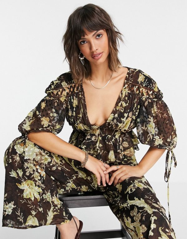 ASOS DESIGN floral top with ruffle and lace insert detail - part of a set-Multi