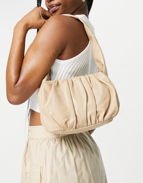 ASOS DESIGN leather ruched 90s shoulder bag in beige-Neutral