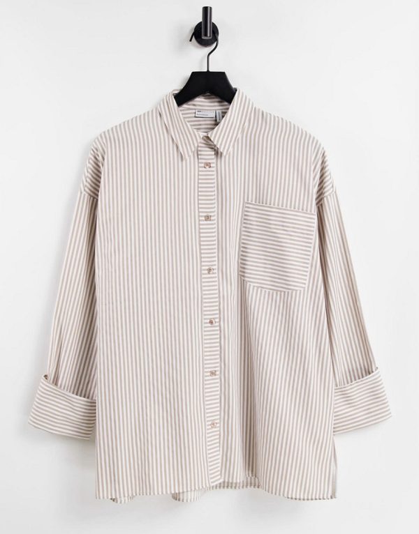 ASOS DESIGN long sleeve oversized cotton dad shirt in tan and white stripe-Multi