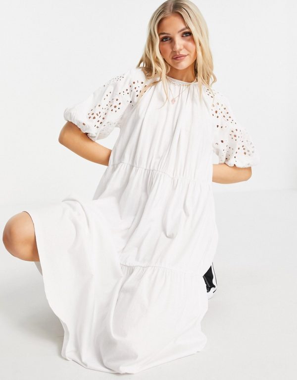 ASOS DESIGN midi dress with gathered neck and embroidered cut out detail and tiered hem in white