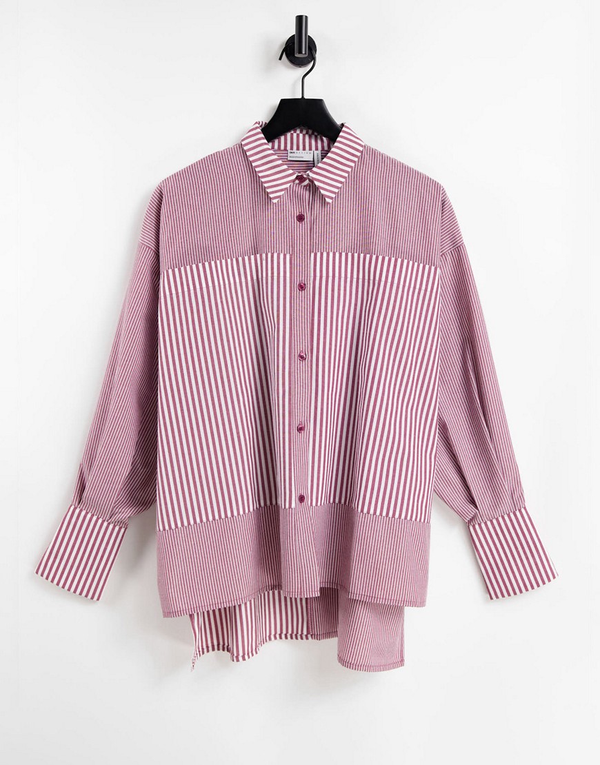 ASOS DESIGN panelled dad shirt in mixed burgundy stripe-Multi | Fashion ...