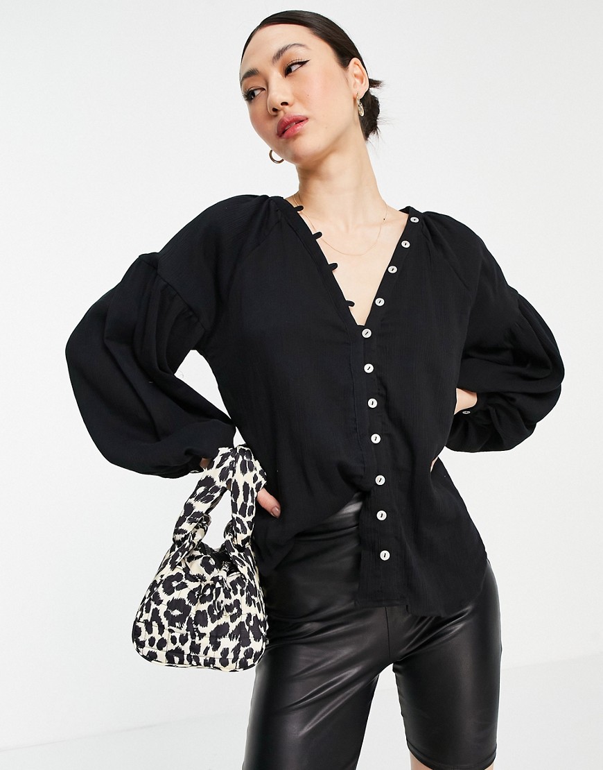 ASOS DESIGN shell button top with volume sleeve in black | Fashion Gone ...