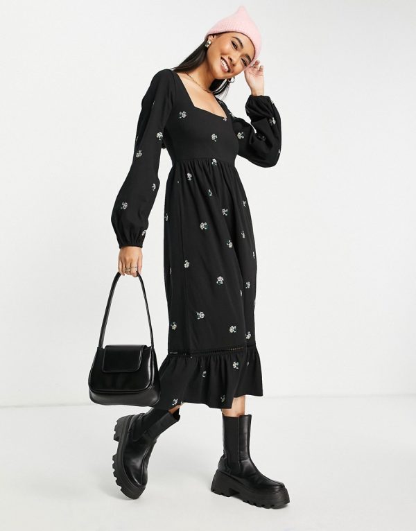 ASOS DESIGN square neck midi smock dress with all over flower embroidery in black