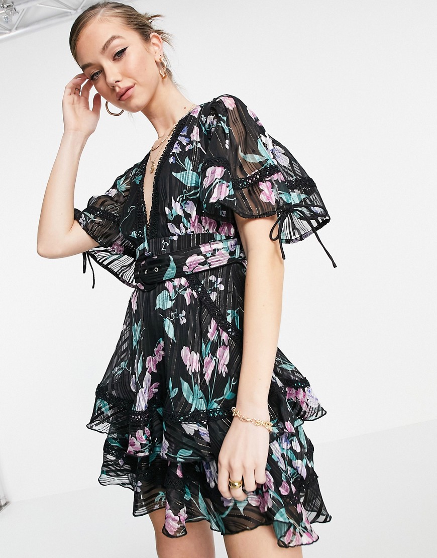 ASOS DESIGN tiered mini dress with puff sleeve in burnout stripe in ...