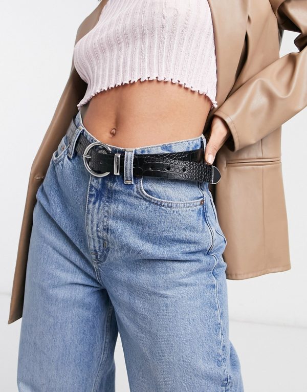 ASOS DESIGN waist and hip jeans belt in croc with metal tip in black