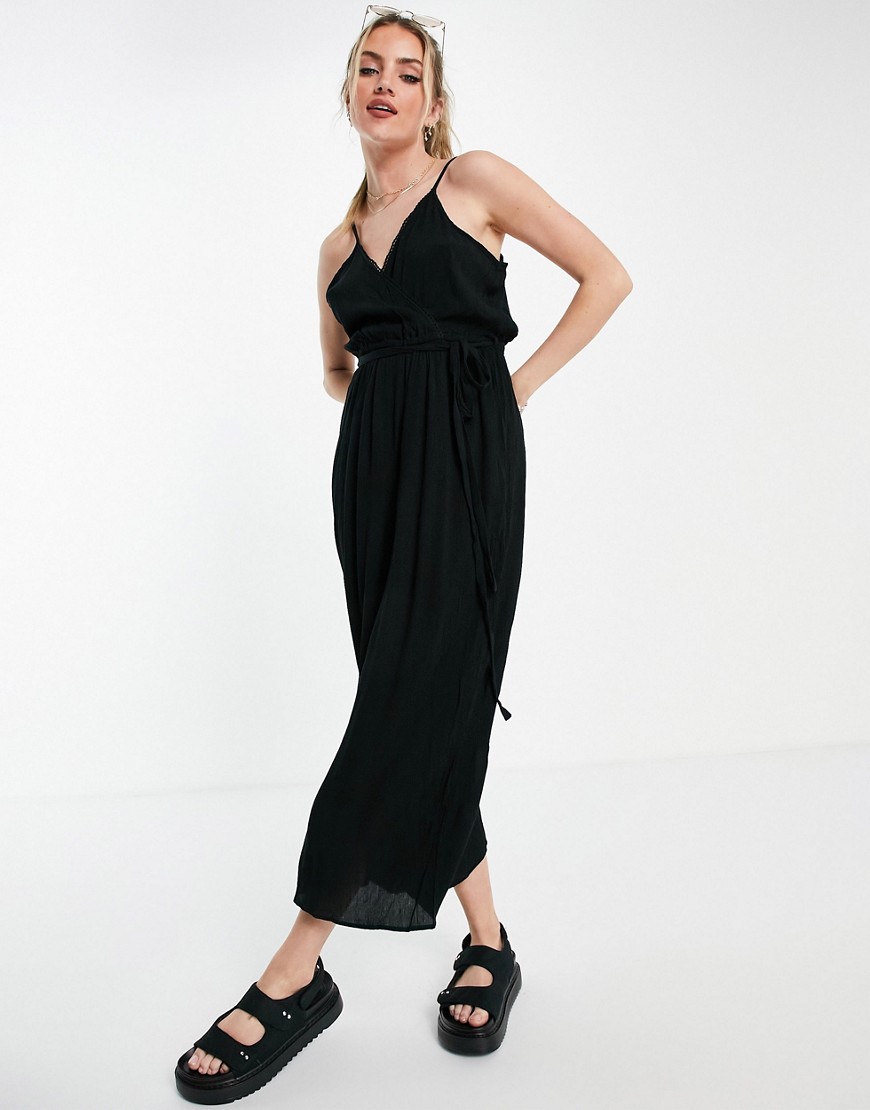 ASOS DESIGN wrap front cami culotte trim jumpsuit in black | Fashion ...