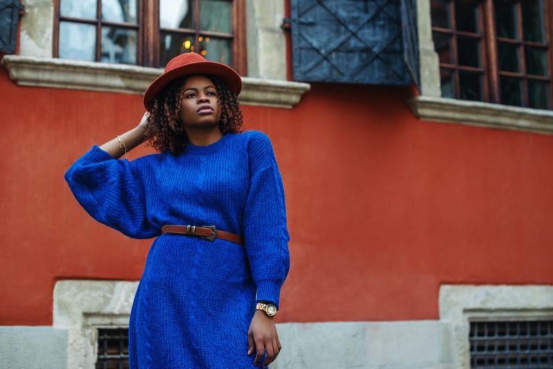 Black Woman Blue Sweater Dress Hat Belt Outfit