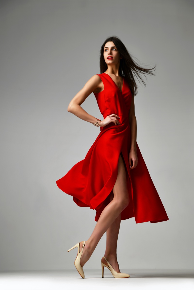 Brunette Model Red Dress Slit Heels