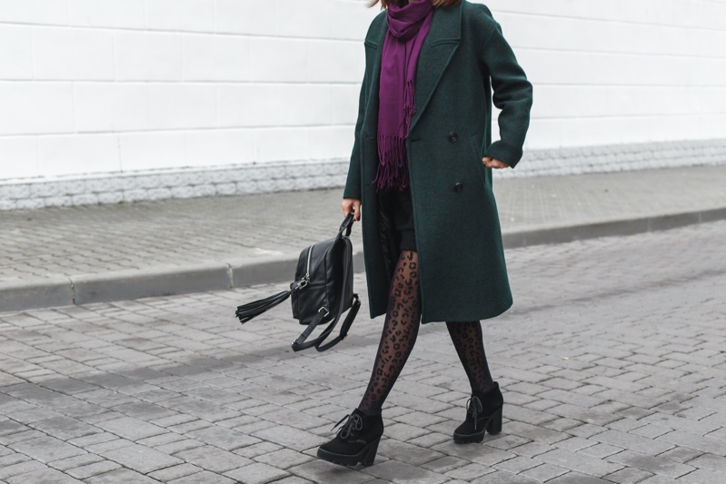 Cropped Woman Green Coat Leopard Print Tights Walking