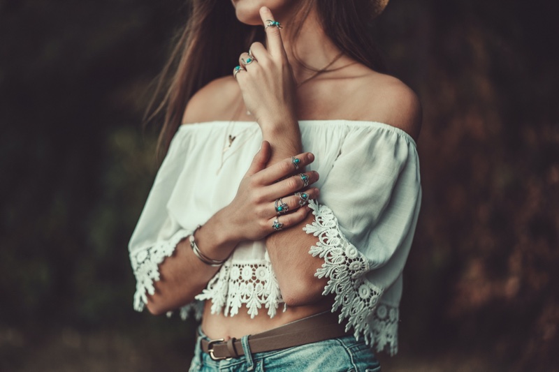 Cropped Woman Off Shoulder Top Bracelet Rings