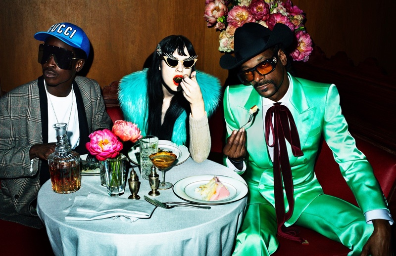 Snoop Dogg poses with models for Gucci Spring 2022 Love Parade campaign.