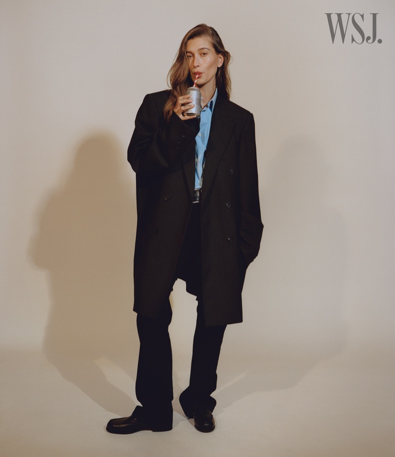 Hailey Bieber Black Coat WSJ Magazine