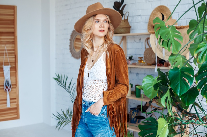 Model Boho Outfit Fringed Jacket Lace Top Necklaces