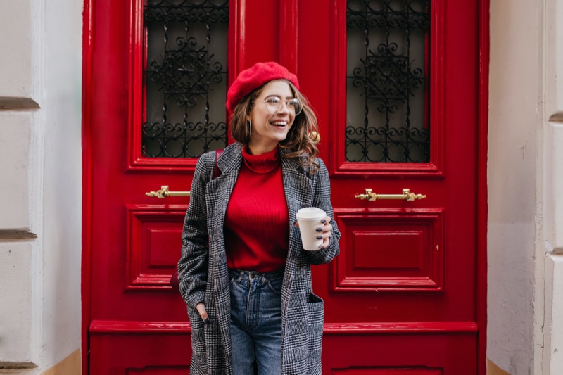 Smiling Woman Red Beret Top Sweater Door