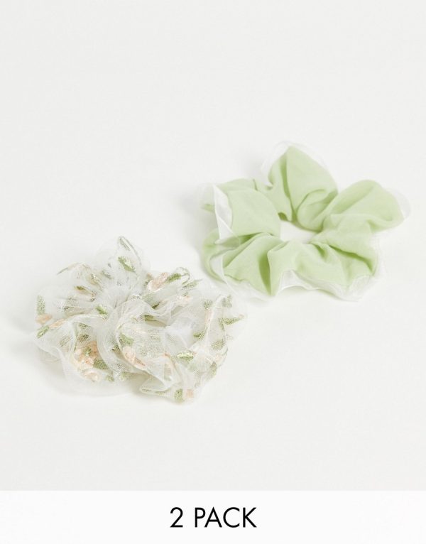 Topshop 2-pack hair scrunchies in floral green mix