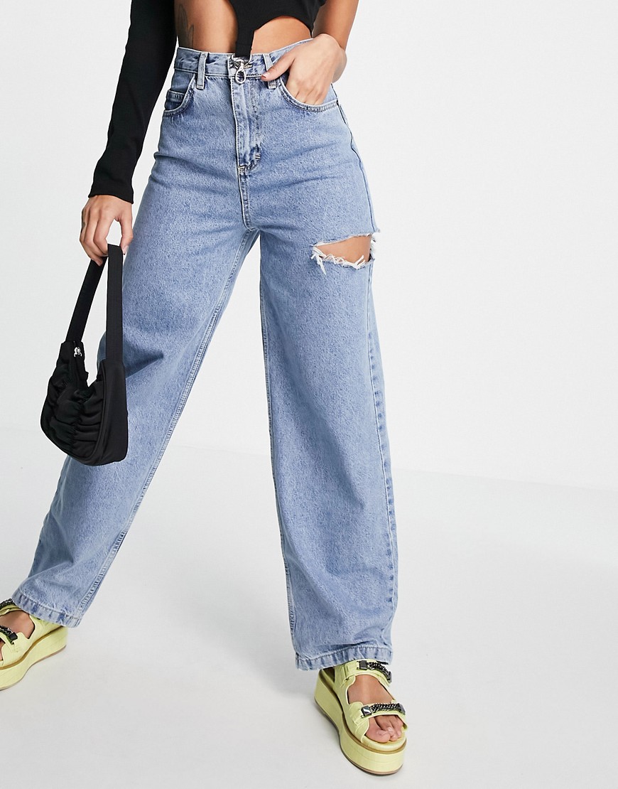 Topshop Baggy jean with side rip in mid blue-Blues | Fashion Gone Rogue