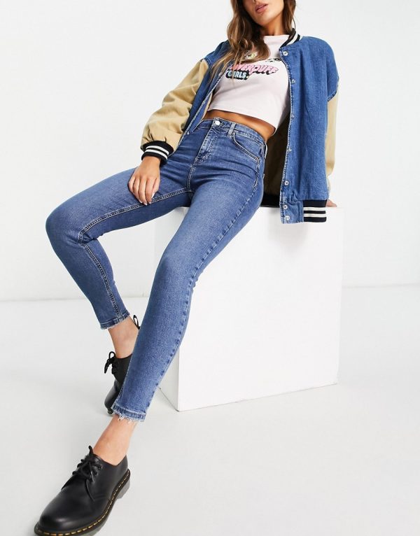 Topshop Jamie jean with abraded hem in mid blue-Blues