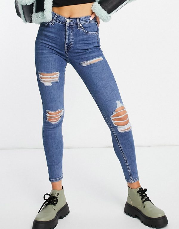 Topshop Jamie jean with super rip in mid blue-Blues